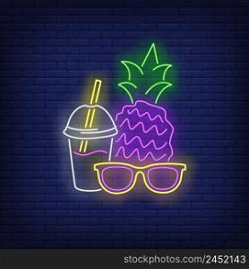 Sunglasses, pineapple and cocktail neon sign. Tourism, vacation, travel, summer design. Night bright neon sign, colorful billboard, light banner. Vector illustration in neon style.