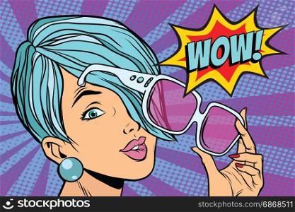 sunglasses pop art woman wow reaction. retro vector illustration. sunglasses pop art woman wow reaction