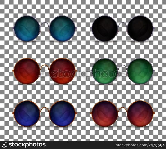 Sunglasses realistic collection of images on transparent background with circle shaped sun goggles of different colour vector illustration