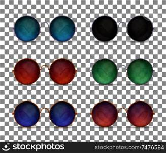 Sunglasses realistic collection of images on transparent background with circle shaped sun goggles of different colour vector illustration