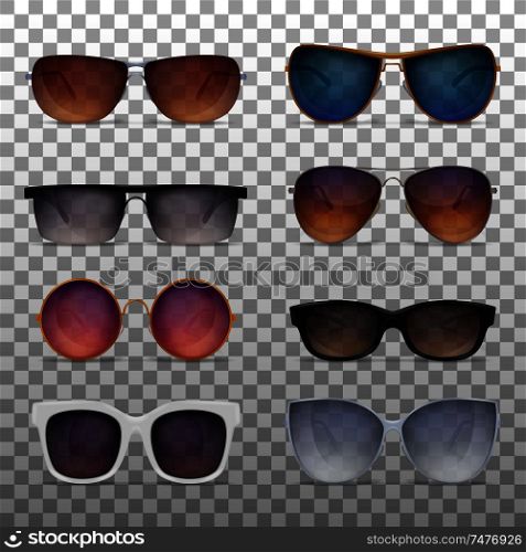 Sunglasses realistic set on transparent background with various models of modern fashionable sun goggles colourful images vector illustration