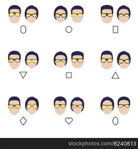 Sunglasses shapes for man. Types of sunglasses for different man face - square, triangle, circle, oval, diamond, long, heart, rectangle. Vector icon set.