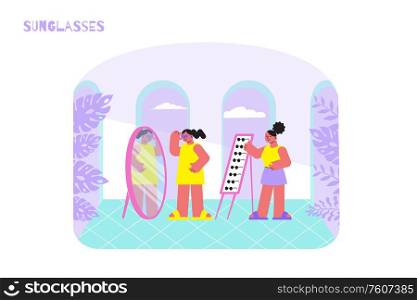 Sunglasses shop flat composition with indoor view of eyeglasses store with characters of seller and customer vector illustration