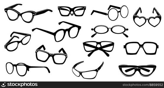 Sunglasses silhouette. Black glasses icons different shapes, fashion spectacles classic retro hipster geek style, sun protection concept. Vector set of frame glasses shape illustration. Sunglasses silhouette. Black glasses icons different shapes, fashion spectacles classic retro hipster geek style, sun protection concept. Vector set