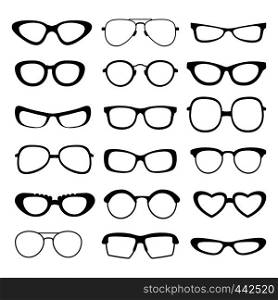 Sunglasses silhouette of different types and sizes . Vector pictures isolated. Illustration of sunglasses accessory collection. Sunglasses silhouette of different types and sizes . Vector pictures isolated