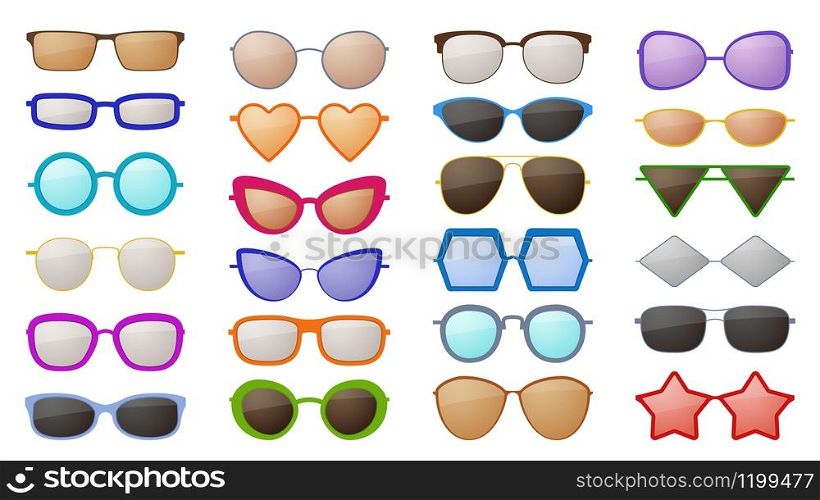 Sunglasses silhouettes. Colorful fashion protective eyewear accessories in various styles, trendy glamour spectacles with reflection vector eyeglass set. Sunglasses silhouettes. Colorful fashion protective eyewear in various styles, trendy glamour spectacles with reflection vector set