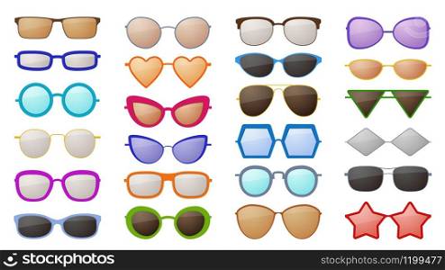 Sunglasses silhouettes. Colorful fashion protective eyewear accessories in various styles, trendy glamour spectacles with reflection vector eyeglass set. Sunglasses silhouettes. Colorful fashion protective eyewear in various styles, trendy glamour spectacles with reflection vector set