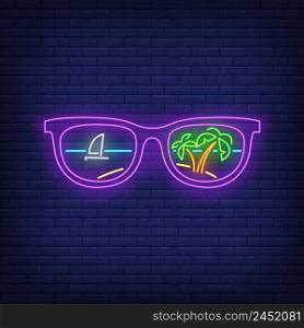 Sunglasses with palm trees and ship reflection neon sign. Tourism, vacation, travel, summer design. Night bright neon sign, colorful billboard, light banner. Vector illustration in neon style.