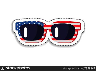 Sunglasses with United States of America flag print on frame, around lenses, stripes and stars, American symbols, isolated on vector illustration. Sunglasses with Flag Print Vector Illustration