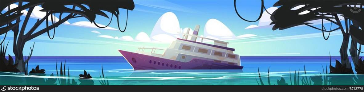Sunken cruise ship in ocean harbor≠ar troπcal island with lianas and trees. Beautiful∑mer landscape with old passen≥r li≠r sinking in sea water after shipwreck, Cartoon vector illustration. Sunken cruise ship in ocean≠ar troπcal island