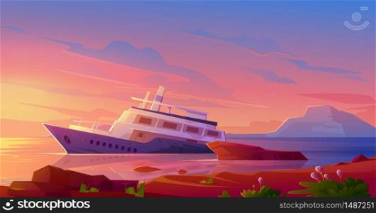 Sunken cruise ship in ocean harbor at sunset. Vector cartoon illustration of tropical summer landscape with old passenger liner sinking in sea water after shipwreck. Sunken cruise ship in ocean harbor at sunset