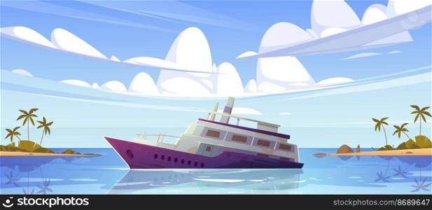 Sunken cruise ship in ocean harbor near tropical island with palm trees. Beautiful summer landscape with old passenger liner sinking in sea water after shipwreck, Cartoon vector illustration. Sunken cruise ship in ocean near tropical island
