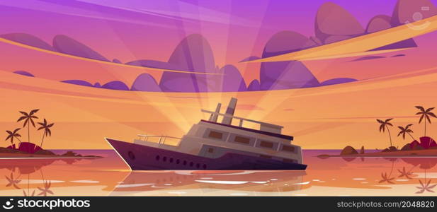 Sunken cruise ship in sea harbor at sunset. Vector cartoon illustration of tropical summer landscape with palm trees on beach and old passenger liner sinking in ocean after shipwreck. Sunken cruise ship in sea harbor at sunset