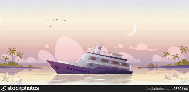Sunken cruise ship in sea harbor in morning. Vector cartoon illustration of tropical summer landscape with old passenger liner sinking in ocean after shipwreck, palm trees on beach and moon in sky. Sunken cruise ship in sea harbor in morning