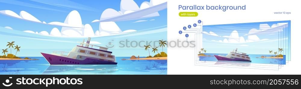 Sunken cruise ship in sea harbor with palm trees on sand beach. Vector parallax background for 2d animation with cartoon tropical summer landscape with old passenger liner sinking in ocean. Parallax background with sunken cruise ship in sea