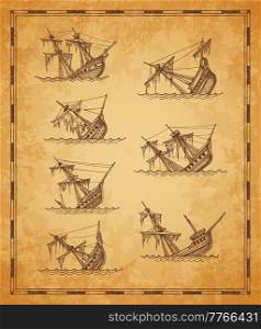 Sunken sailing ships vintage map sketch elements, vector sailboats wrecks. Broken boats or shipwrecks on treasure island in ocean or sea waves, drowned or sinking ships in hand drawn sketch. Sunken sailing ships sketch, vintage map elements