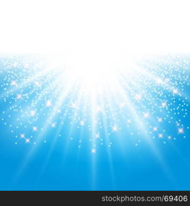 sunlight effect sparkle on blue background with glitter copy space. Abstract vector illustration