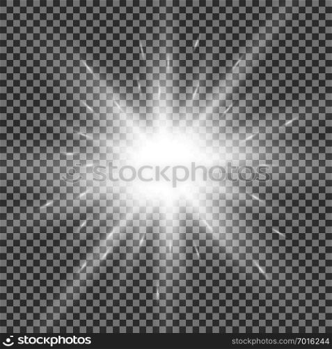Sunlight with lens flare effect, shining star on transparent background, white color. Shining star on transparent background, white color