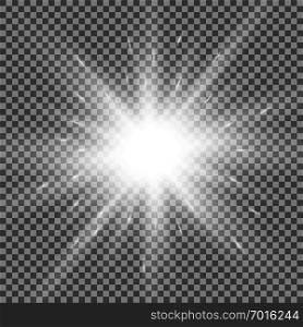 Sunlight with lens flare effect, shining star on transparent background, white color. Shining star on transparent background, white color