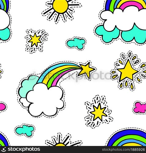 Sunny and cloudy weather, rainbow and shooting star with clouds. Fairytale setting with vibrancy. Miracles and wanderlust seamless pattern. Stickers or patches, bright print vector in flat style. Rainbow with clouds and star, sunshine seamless pattern