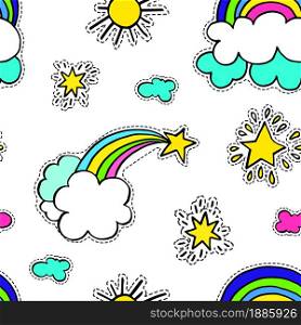 Sunny and cloudy weather, rainbow and shooting star with clouds. Fairytale setting with vibrancy. Miracles and wanderlust seamless pattern. Stickers or patches, bright print vector in flat style. Rainbow with clouds and star, sunshine seamless pattern