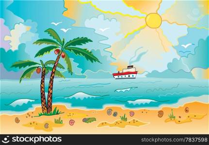 Sunny beach with palms and shells. Color bright decorative background vector illustration.