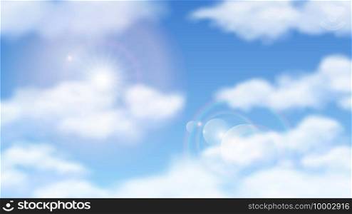 Sunny blue sky. Natural skies clouds with sun. Bright sunshine day, cloudy weather. Sunlight vector background. Illustration sunshine sun, summer weather sky. Sunny blue sky. Natural skies clouds with sun. Bright sunshine day, cloudy weather. Sunlight vector background