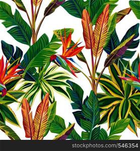 Sunny cheerful day on the tropical jungle. Birds of paradise and leaves vector seamless pattern composition. White background