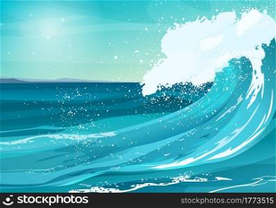 Sunny day at seaside. Sea or ocean with a huge rising wave with foam and splash. Vector cartoon illustration.