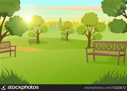 Sunny Day in City Park with Green Grass on Meadow and Benches under Trees Cartoon Vector Illustration. Peaceful Public Place for Leisure, Comfortable Square in Metropolis. Urban Infrastructure Element