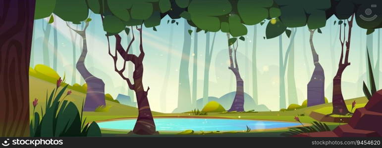 Sunny day in green forest with blue lake. Vector cartoon illustration of c≤ar fresh water pond between tall trees, bushes, sto≠s lying on ground,∑mer sunlight rays, beautiful natural landscape. Sunny day in green forest with blue lake