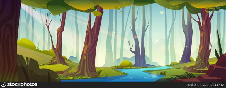 Sunny day in green forest with blue river. Vector cartoon illustration of clear fresh water stream flowing between tall trees, bushes, stones lying on ground, sunlight rays, beautiful natural landscape. Sunny day in green forest with blue river