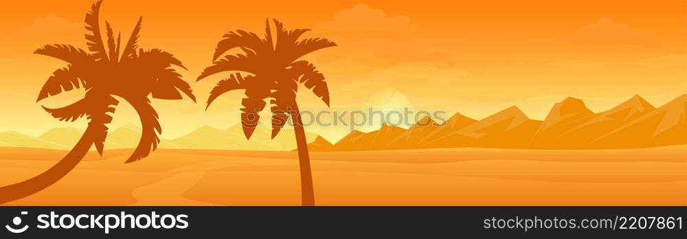 Sunny desert with mountains. Palm trees in the foreground. Panorama