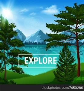 Sunny summer landscape with realistic pine forest on mountain lake background vector illustration