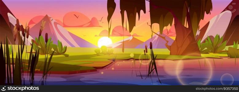 Sunrise and mountain view with reed in sw&water cartoon vector scene. River shore in Japan with marsh and bulrush plant, Peaceful pink valley illustration with nobody and sun light reflection. Sunrise and mountain view with reed in sw&water