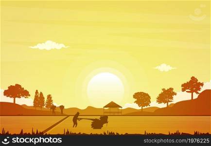 Sunrise Asian Farmer Paddy Rice Field Agriculture Nature Illustration
