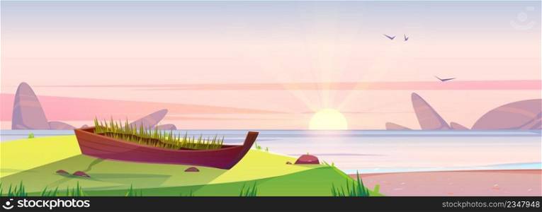 Sunrise beach and old wooden boat with growing grass inside, dawn nature background. Early morning ocean landscape, pink sky with shining sun above sea water, scenery shore Cartoon vector illustration. Sunrise beach and old wooden boat with green grass