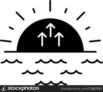 Sunrise black glyph icon. Morning sunlight, dawn, weather forecast silhouette symbol on white space. Transition from nighttime to daytime. Sun rising above sea horizon vector isolated illustration. Sunrise black glyph icon