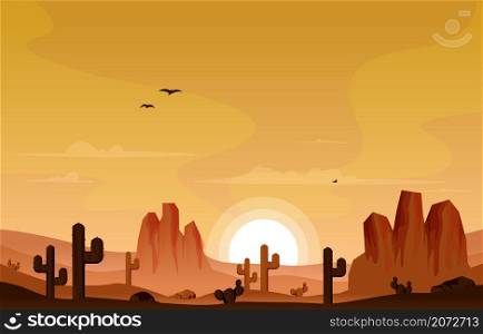 Sunrise Cliff Desert Country Cactus Travel Vector Flat Design Illustration