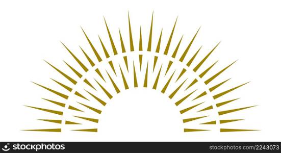 Sunrise icon. Radial light rays. Half circle sunbirst emblem isolated on white background. Sunrise icon. Radial light rays. Half circle sunbirst emblem
