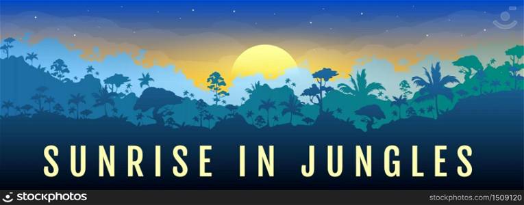 Sunrise in jungles flat color vector banner template. Dawn in forest. Panoramic view on exotic woods in morning. Travel to rainforest. Tropical 2D cartoon landscape with woods on background