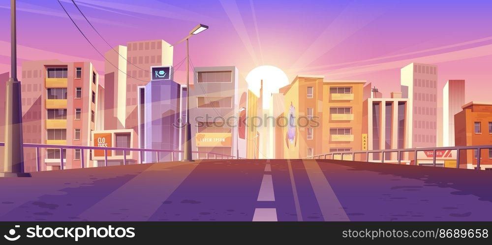 Sunrise in modern city, urban skyline with sun rising above skyscraper buildings, view from bridge. Morning metropolis cityscape with road and houses, town architecture, Cartoon vector illustration. Sunrise in modern city, urban skyline with sun