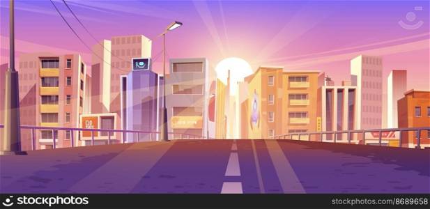 Sunrise in modern city, urban skyline with sun rising above skyscraper buildings, view from bridge. Morning metropolis cityscape with road and houses, town architecture, Cartoon vector illustration. Sunrise in modern city, urban skyline with sun