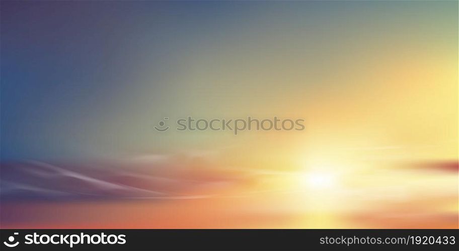 Sunrise in Morning with Orange,Yellow,Pink,purple,blue sky, Dramatic twilight landscape with Sunset in evening,Vector mesh horizon Dusk Sky banner of sunlight for four seasons background
