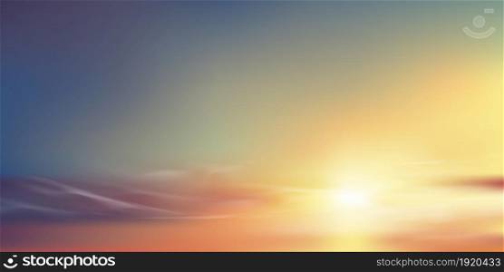 Sunrise in Morning with Orange,Yellow,Pink,purple,blue sky, Dramatic twilight landscape with Sunset in evening,Vector mesh horizon Dusk Sky banner of sunlight for four seasons background