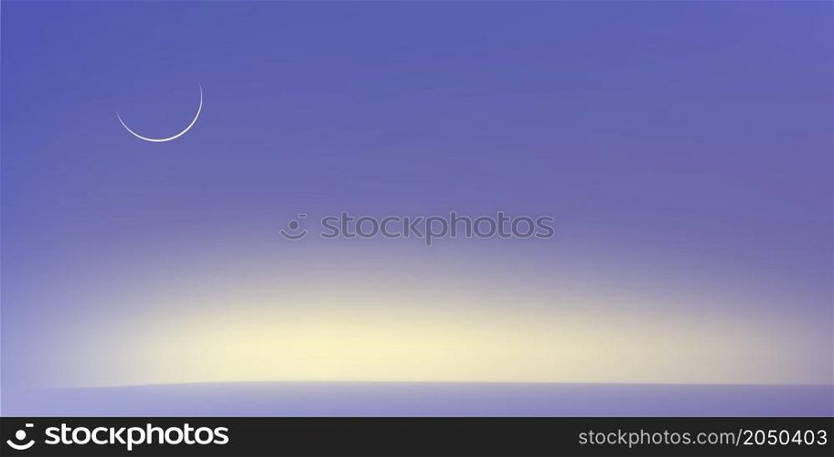 Sunrise in Morning with Yellow and Purple sky and Crescent moon, Dramatic twilight landscape with Sunset in evening,Vector mesh horizon Dusk Sky banner of sunlight for trendy 2022 colour background