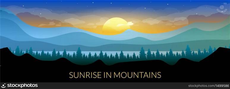 Sunrise in mountains flat color vector banner template. Coniferous forest in early morning. Woodland skyline. Wild nature. Fir trees and hills 2D cartoon landscape with sun and sky on background. Sunrise in mountains flat color vector banner template