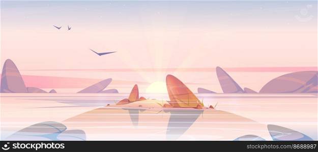 Sunrise in ocean, pink sky with shining sun go up at sea shallow with rocks sticking up of calm water. Beautiful rocky view, nature landscape background, early morning. Cartoon vector illustration. Sunrise in ocean, pink sky with sun at sea shallow