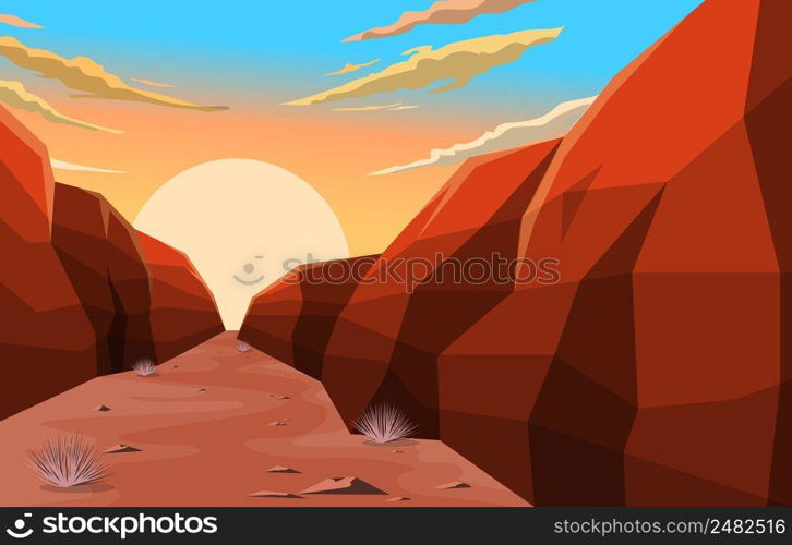 Sunrise in Western American Rock Cliff Vast Desert Landscape Illustration