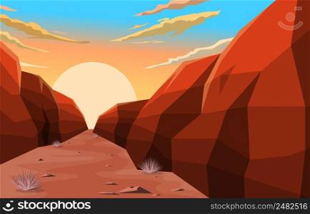 Sunrise in Western American Rock Cliff Vast Desert Landscape Illustration